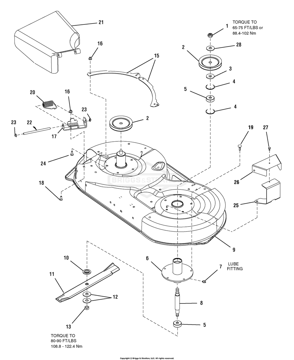 42-Inch Mower Deck - Housing And Arbor Group (7501405) Diagram and Parts List for 7800577 (C950-60929-0)(2009) Briggs and Stratton Lawn Tractor